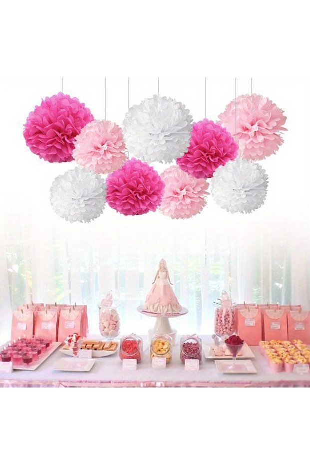 9 pcs light pink hot pink 9pcs Vibrant Paper Pom Poms Flowers - Decorative Garland for Wedding, Brid