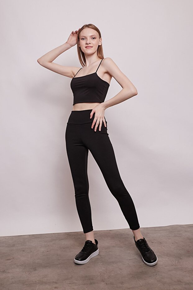 High Waist Thick Belted Thick Steel Fabric Leggings-black