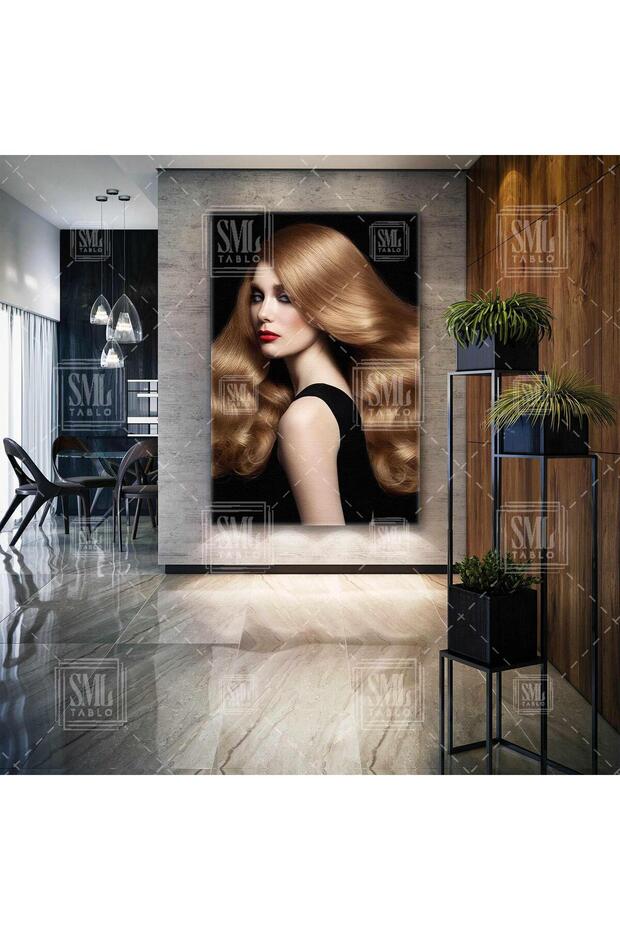 Dalgalı Sarı Saçlı Kuaför Modeli Kırmızı Ruj Make Up Kuaför Dekorasyon Kare Kanvas Tablo - 1