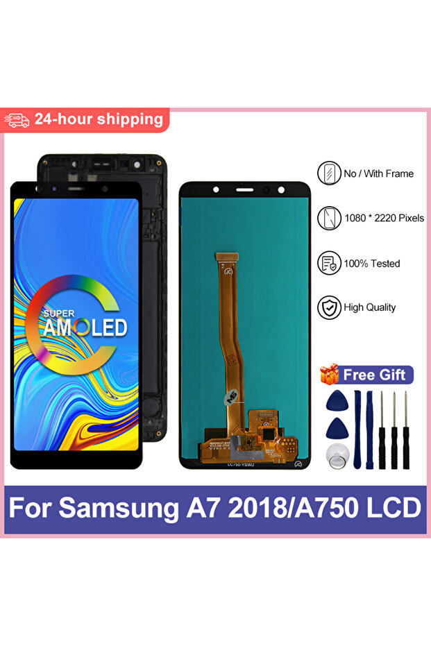 شاشة سوبر أموليد سوداء مع إطار لهاتف A7 2018 A750، شاشة LCD تعمل باللمس مع محول رقمي لـ SM-A750F A750G