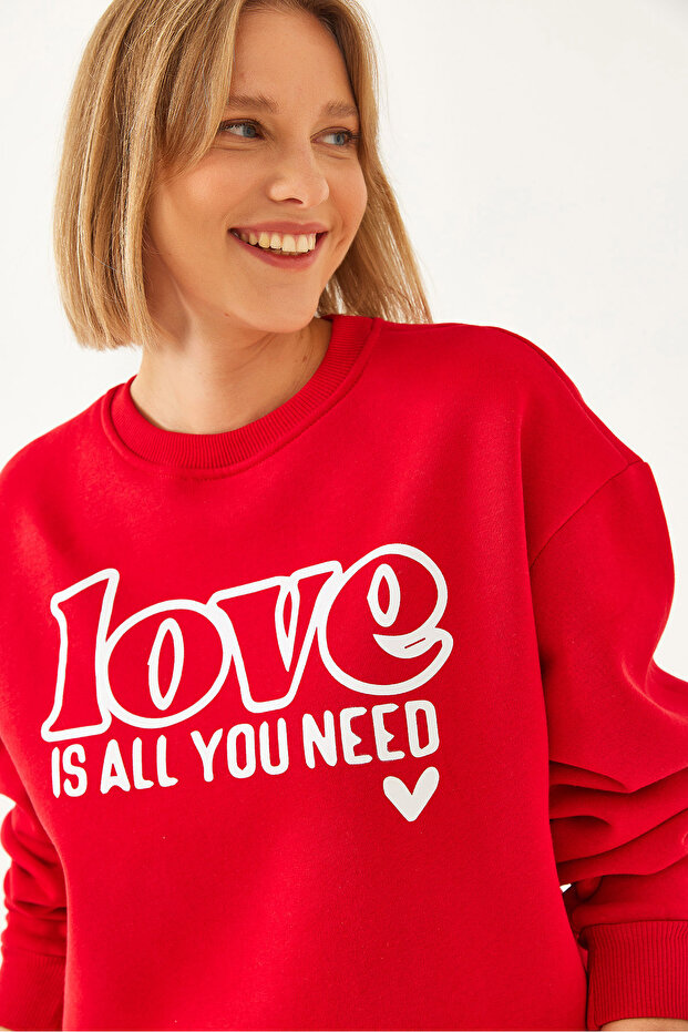 Women's Red Loose Fit Round Neck Sweatshirt Mbhs022 60601022