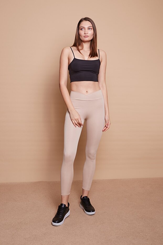 Camisole High Waist Wrap-Around Double-Breasted Leggings -Beige