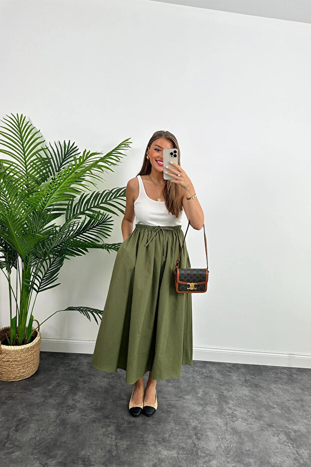 Casual Maxi Skirt with Aerobin Fabric and Pocket Detail, Thick Rubber Waist