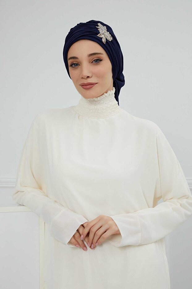Chiffon Ready-Made Turban with Pleated Stone Flower Accessories,Ht-105,Ht-105,Navy Blue