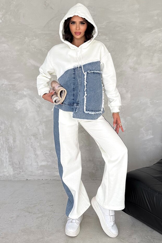 Women's White Denim-Detail Hooded Top and Bottom Set