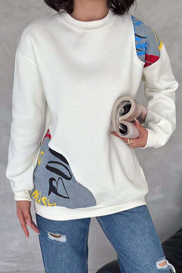 Women's White Raised Design Denim Detailed Sweatshirt