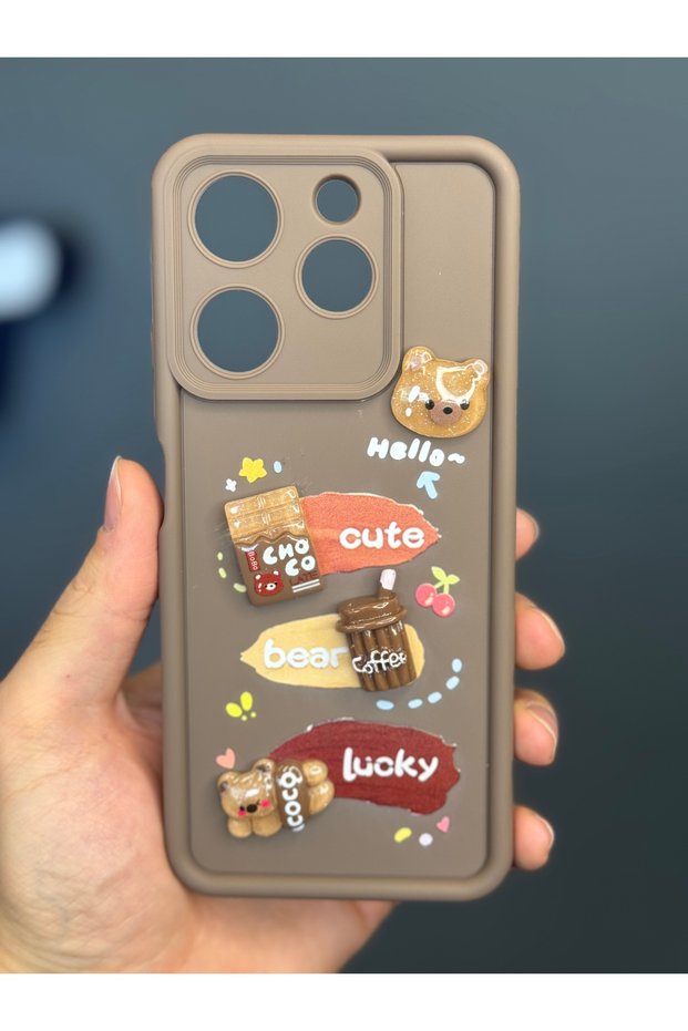 Tecno Spark 10 Pro Case Camera Protected Teddy Bear Coffee Figured Colorful Soft Silicone Cover
