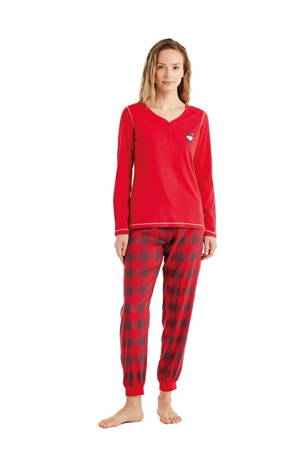 Women's Long Sleeve Red 100% Cotton Pajamas Suit C3T2N6O15