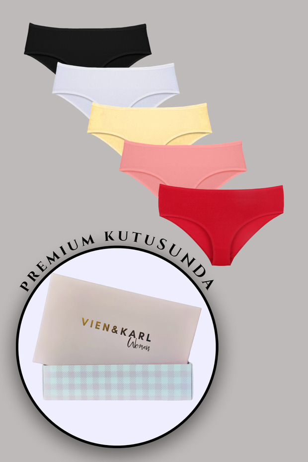 Women's Colorful Hipster (Semi-High Waist) Panties in Black, White, Red, Dusty Rose, Yellow in a 5-Piece Premium Box