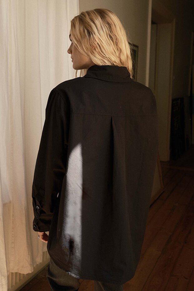 Premıum Oversıze Basic Poplin Siyah Gömlek - 5