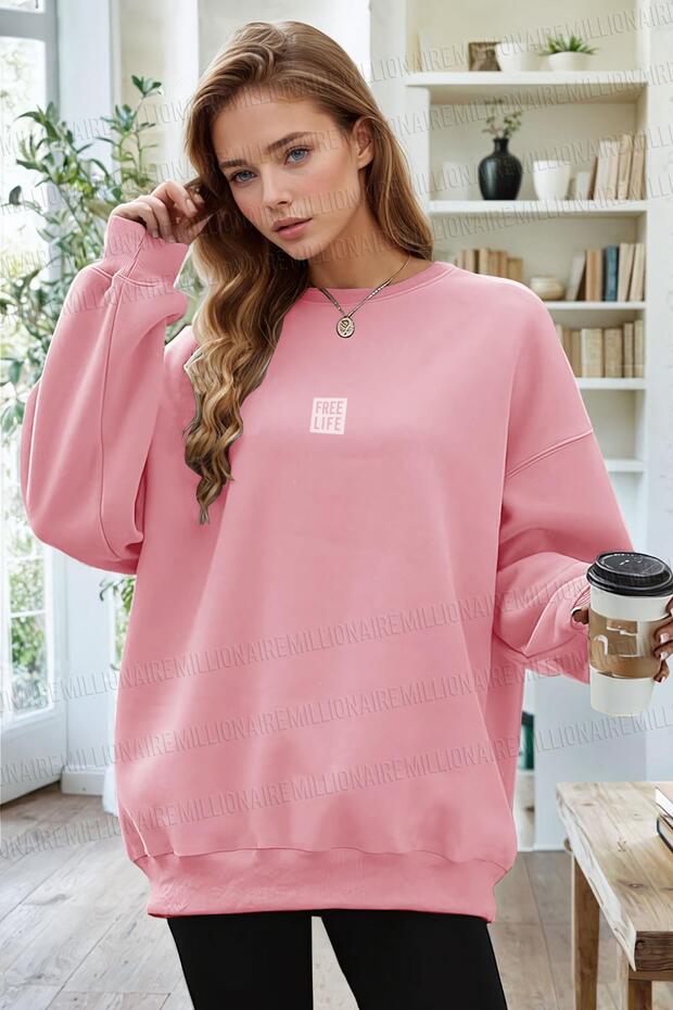 Women's Pink Free Life Printed Thick Soft 3 Thread Raised 0 Crew Neck Oversize Loose Sweatshirt