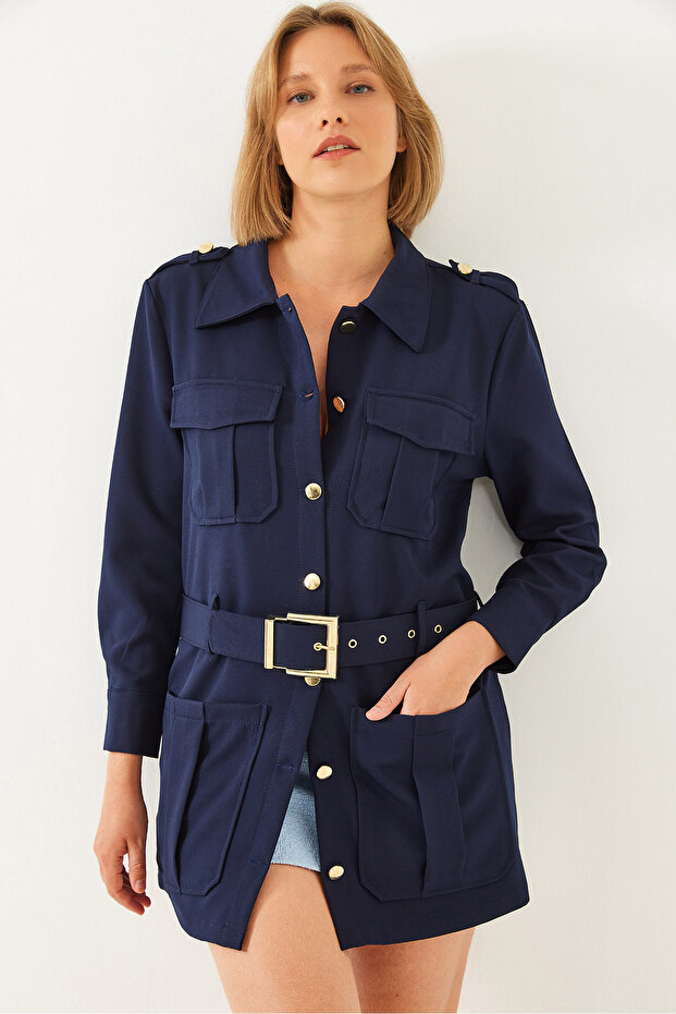 Women's Navy Blue Casual Cargo Jacket Mbms020 60501020