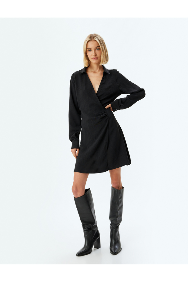Double Breasted Shirt Dress Mini Length Long Sleeve V-Neck