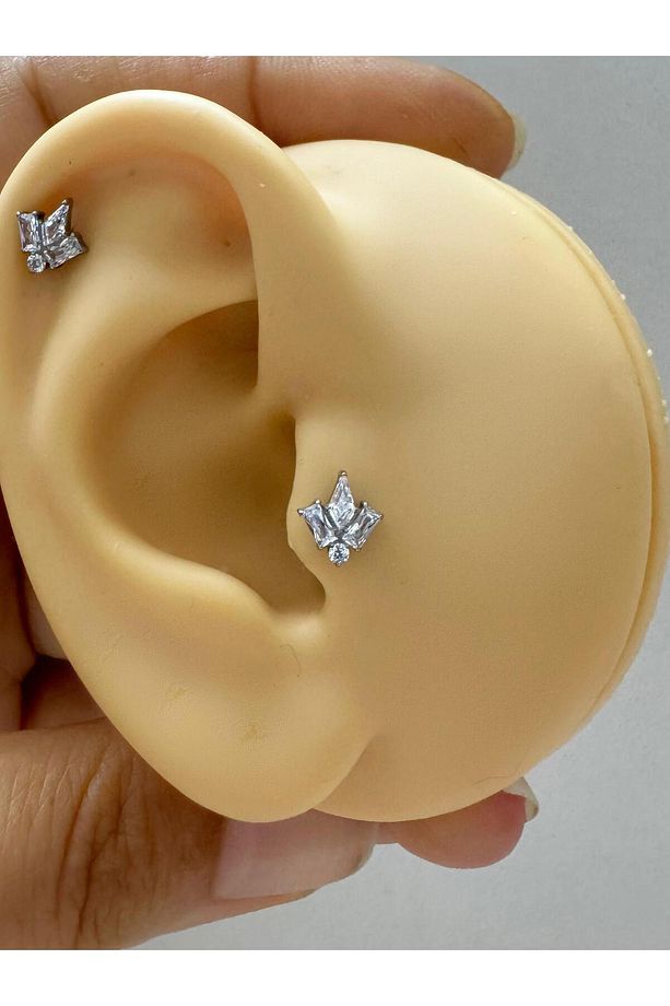 1 adet G23 TİTANİUM ( titanyum) zirkon taşlı tragus kıkırdak  conch flat  helix lobe uyumlu piercing - 2