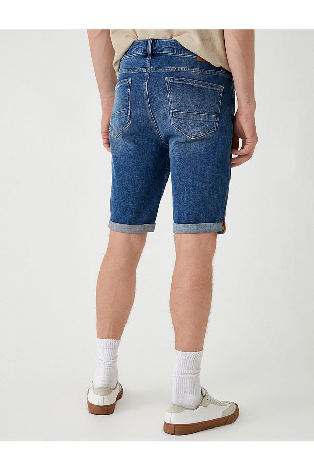 Slim Fit Kot Şort Cep Detaylı Katlamalı Paça Pamuklu - 4