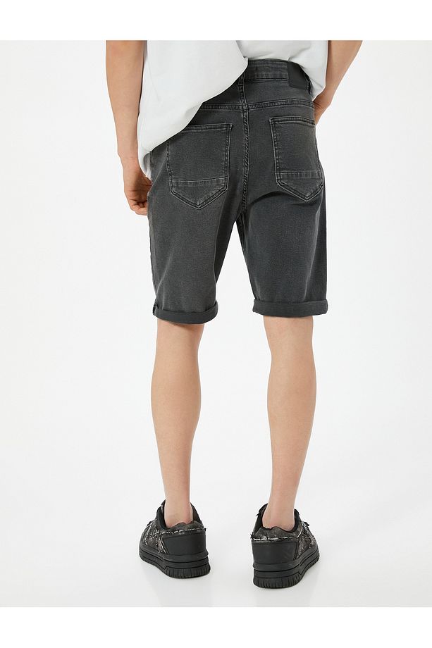 Kot Şort Slim Fit 5 Cepli Düğmeli - 4
