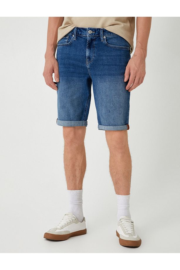 Slim Fit Kot Şort Cep Detaylı Katlamalı Paça Pamuklu - 3