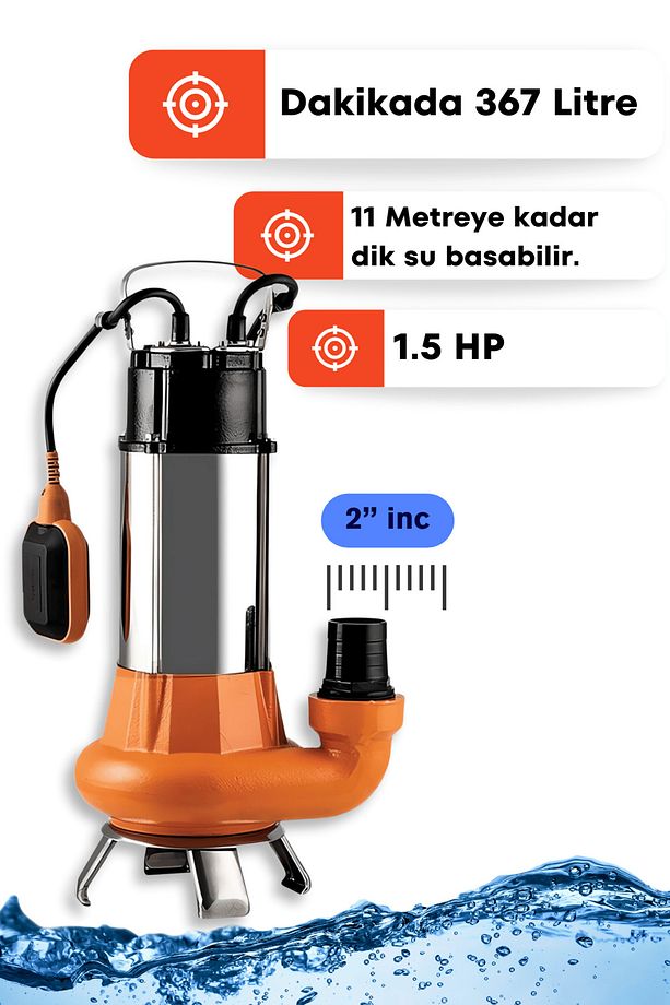 V1100 1.5 Hp Bakır Sargılı Paslanmaz Foseptik Dalgıç Pompa Kirli Su Dalgıç 2 Inç - Hediye Set - 2