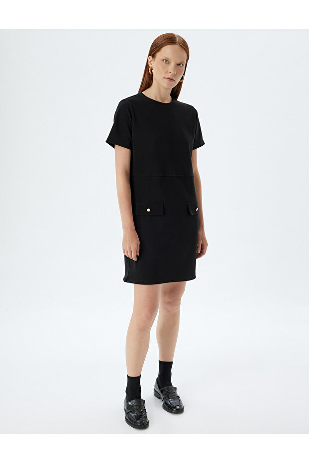 Mini Short Sleeve Dress Round Neck Cap Pocket Detail