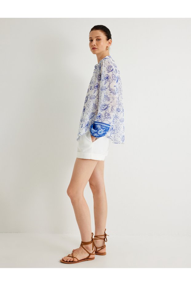 X Selected by Melis Ağazat - Floral Collarless Shirt Long Sleeve