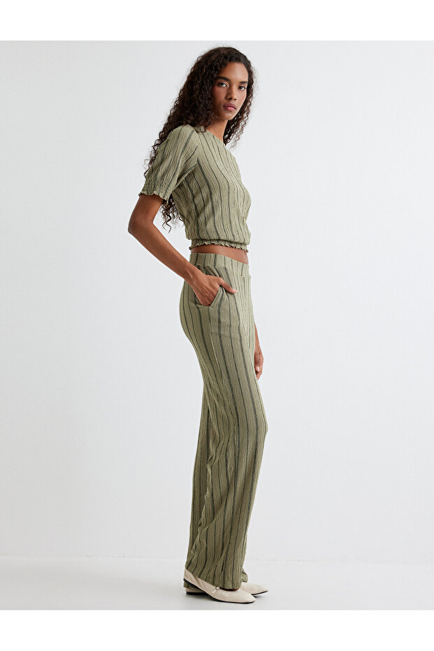 Wide Leg Trousers with Pockets, Textured Standard Waist