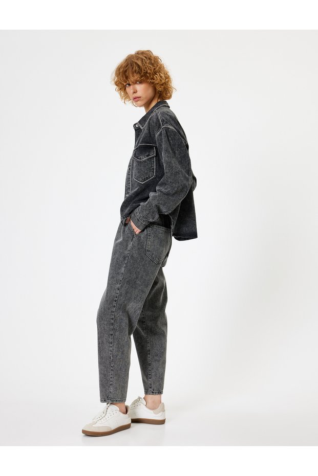 Baggy Denim Trousers High Waist Loose Fit Elastic Waist Straight Leg - Baggy Jeans