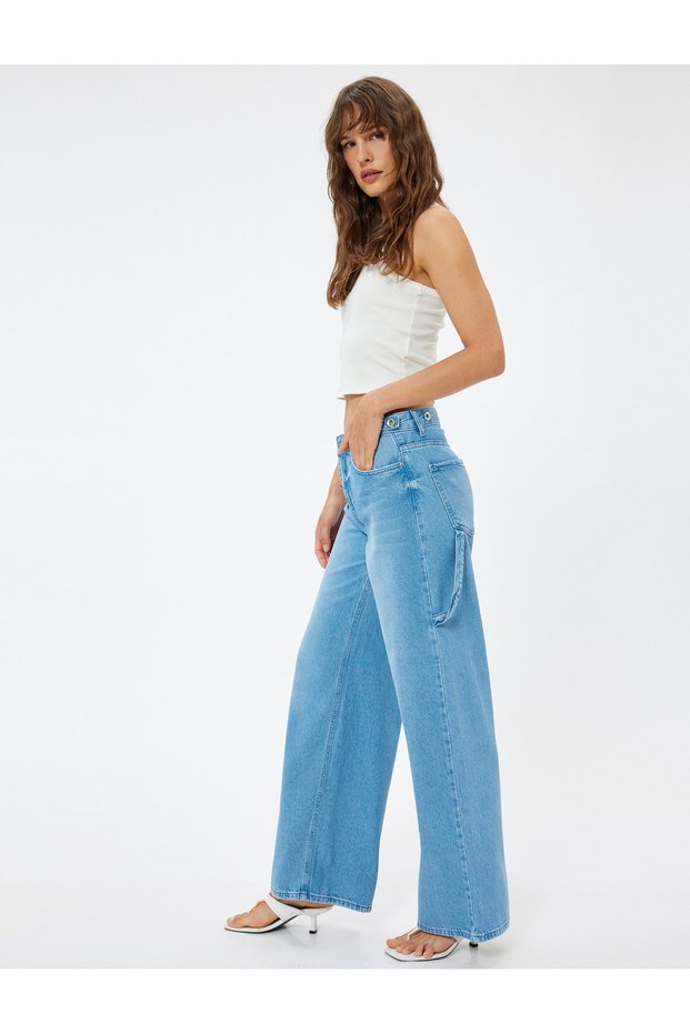 Low Waist Denim Pants with Pocket Detail Comfortable Fit - Loose Straight Fit Jeans