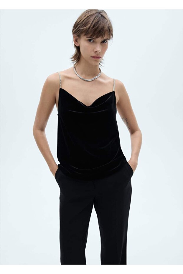 Strass Taşlı Askılı Kadife Bluz - 1