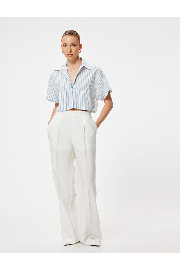 Crop Linen Shirt Short Sleeves Pocket Detail Comfortable Fit