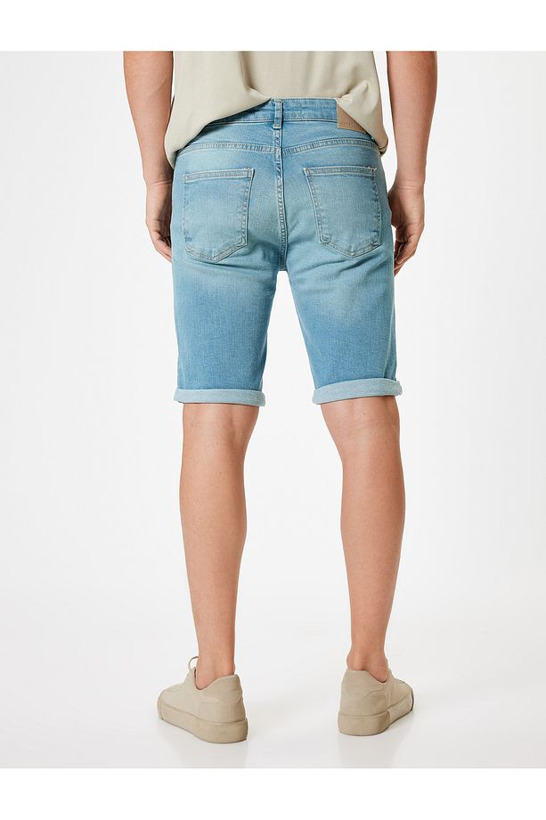 Slim Fit Kot Şort Bermuda Katlamalı Paça Cep Detaylı Pamuklu - 4
