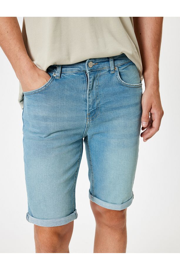 Slim Fit Kot Şort Bermuda Katlamalı Paça Cep Detaylı Pamuklu - 5