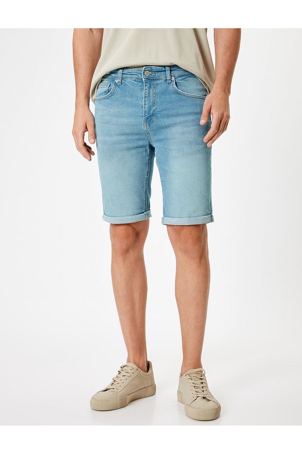 Slim Fit Kot Şort Bermuda Katlamalı Paça Cep Detaylı Pamuklu - 3