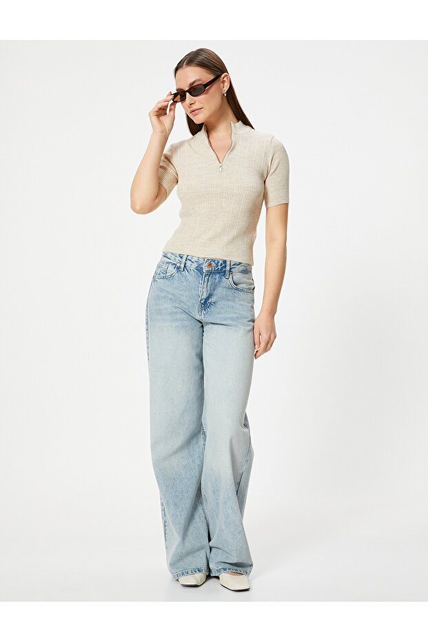 Short Sleeve Textured Half Zipper Polo Neck Knitwear Sweater