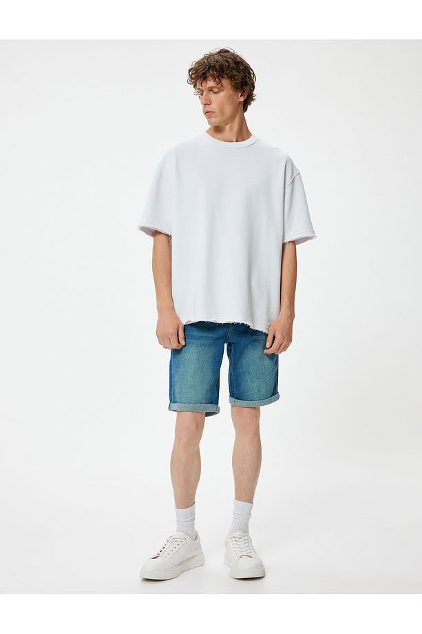 Slim Fit Kot Şort Bermuda Katlamalı Paça Cep Detaylı Pamuklu - 1