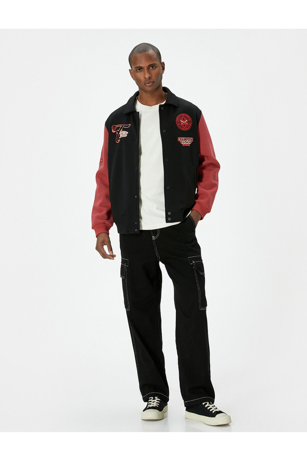 College Jacket Embroidered Snap Button Pocket Classic Collar