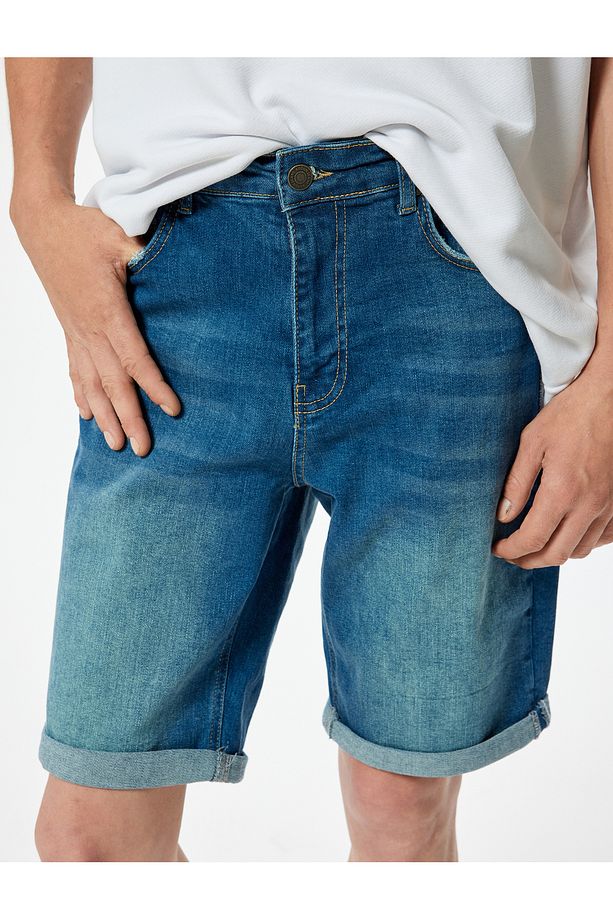 Slim Fit Kot Şort Bermuda Katlamalı Paça Cep Detaylı Pamuklu - 5