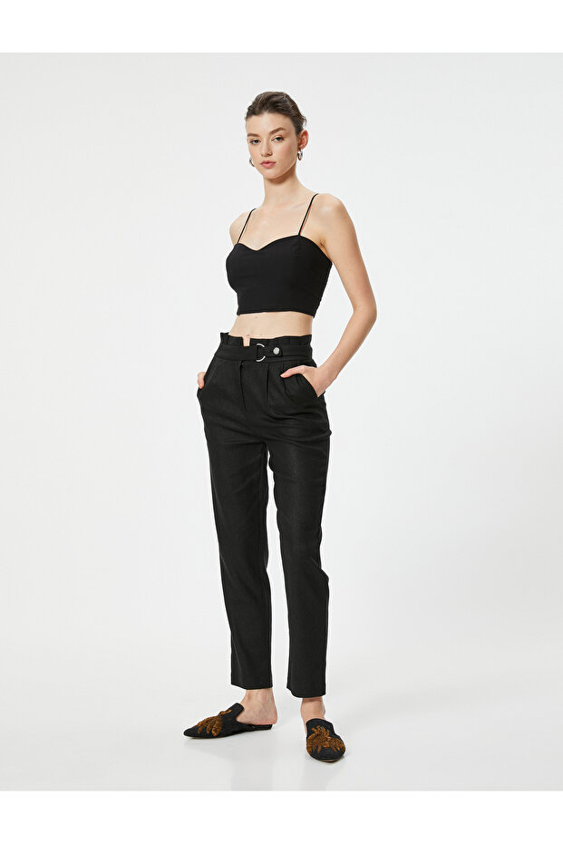 Linen Blend Trousers with Straight Legs and Belt Detail