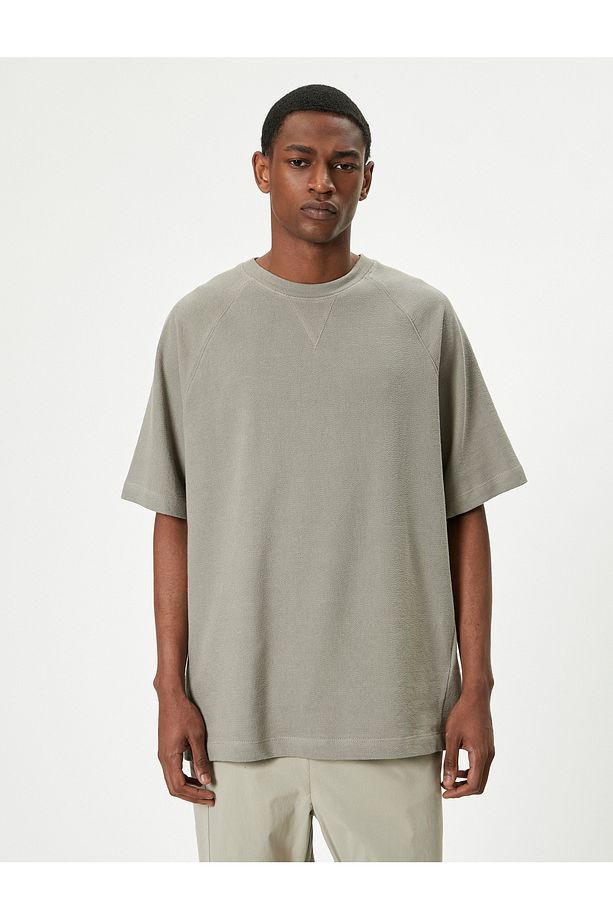 Oversize Tişört Basic Dokulu Bisiklet Yaka Kısa Kollu - 3