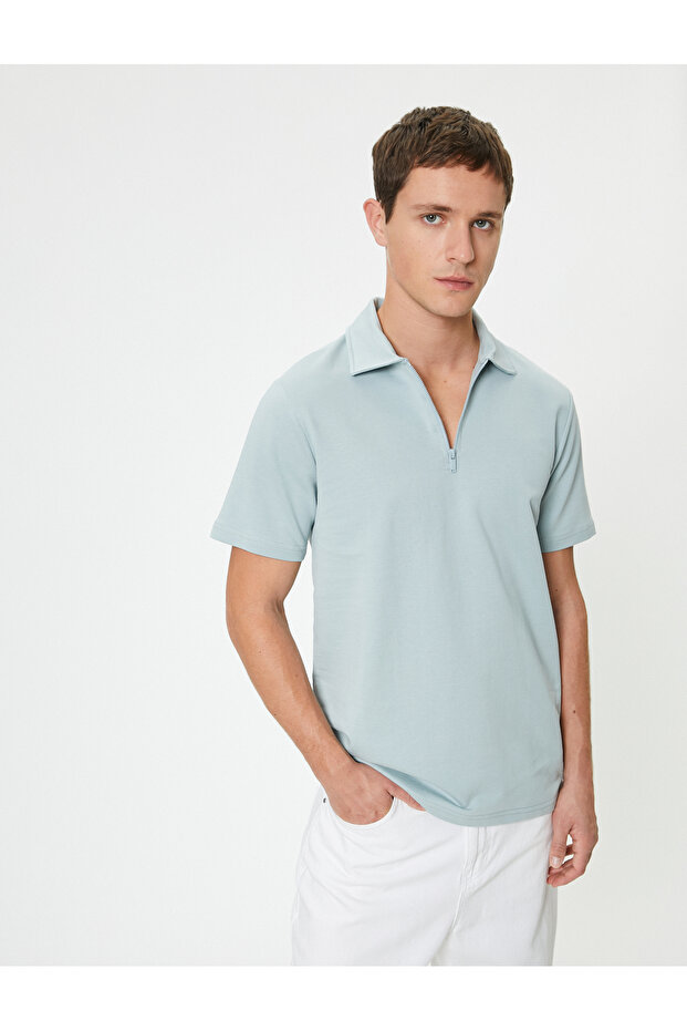 Half Zip Polo T-Shirt Short Sleeve Cotton