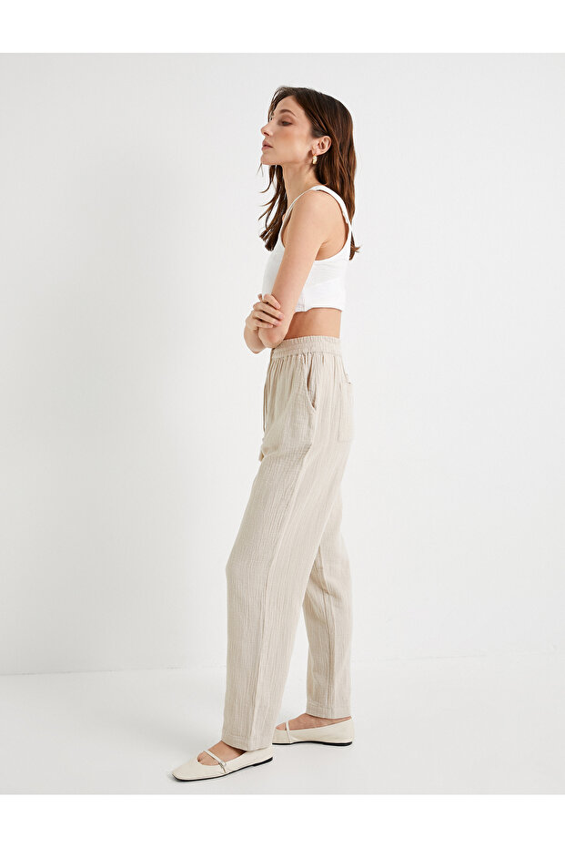 Muslin Trousers with Tie Waist and Pockets, Cotton, Regular Waist