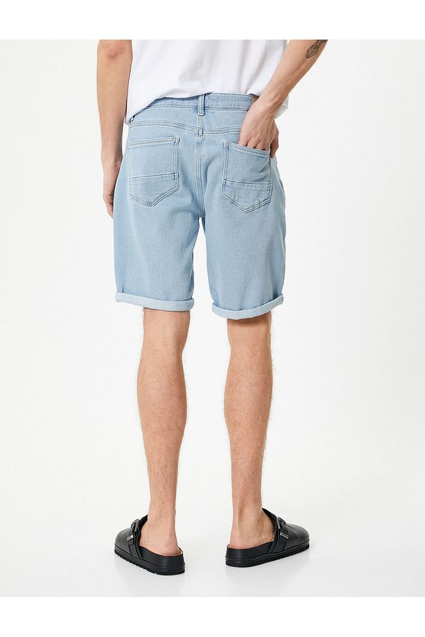 Kot Şort Bermuda Slim Fit Katlı Paça Düğmeli Cep Detaylı - 4