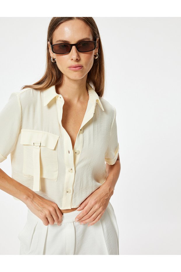 Modal Fabric - Short Sleeve Crop Shirt with Cargo Pocket and Loose Fit