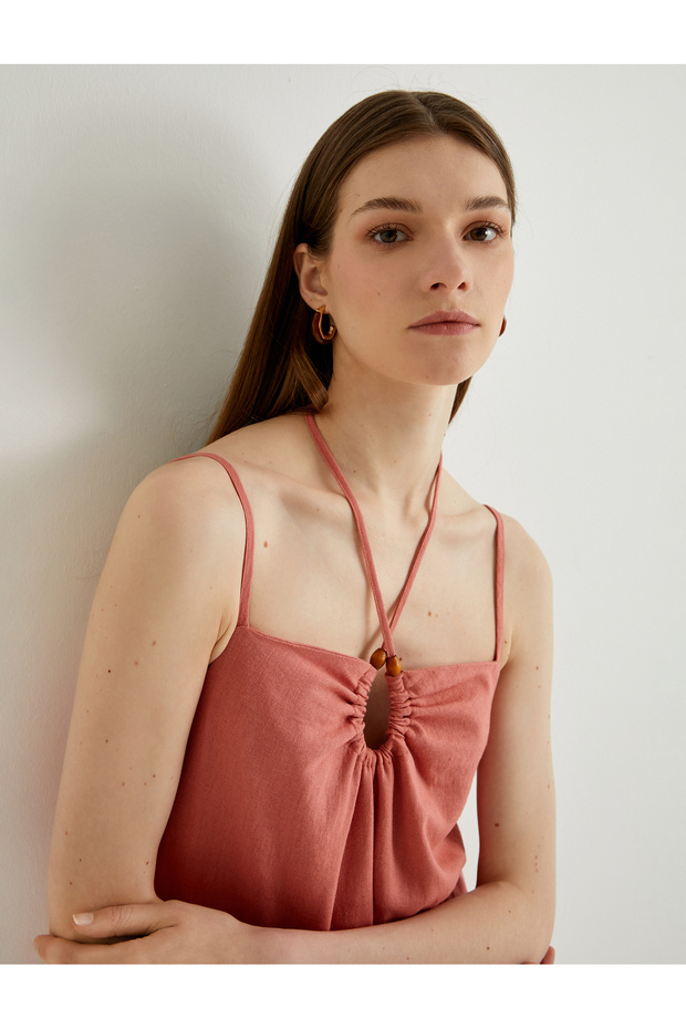 Midi Linen Dress with Halter Neck and Window Detail, Slit