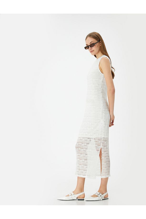 Midi Slip Elbise Bisiklet Yaka Kolsuz Yırtmaçlı - 1