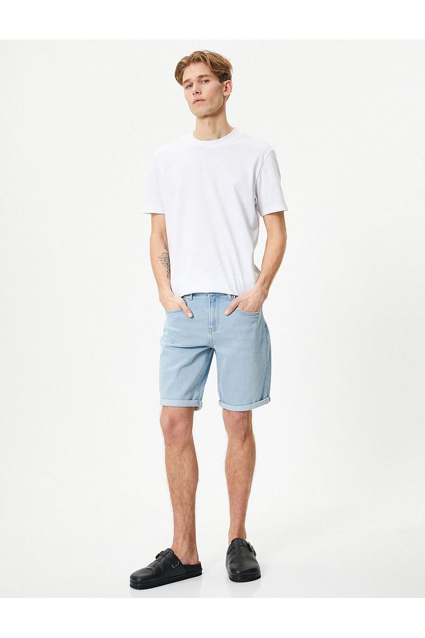 Kot Şort Bermuda Slim Fit Katlı Paça Düğmeli Cep Detaylı - 1