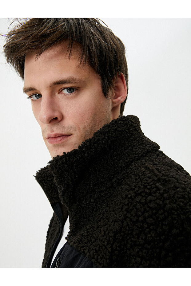 Plush Jacket with Zipper Pocket Detail Stand Collar