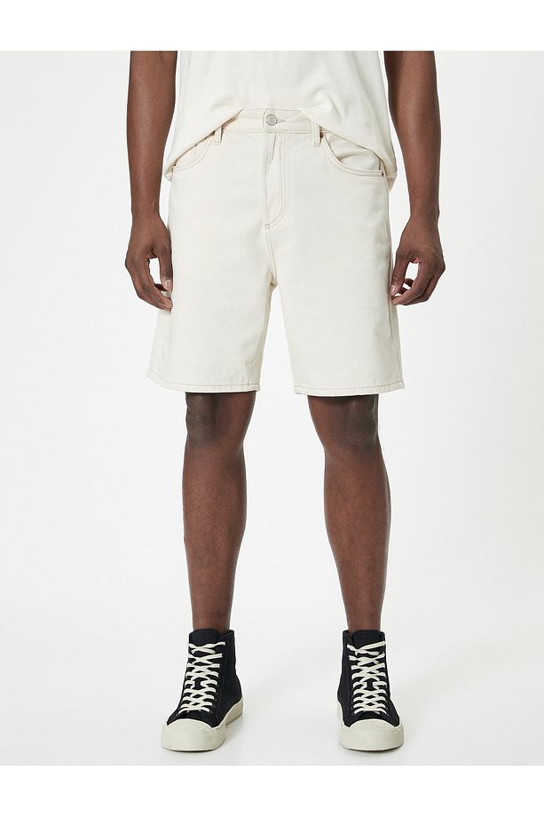 Oversize Bermuda Kot Şort 5 Cep Düğmeli - 3