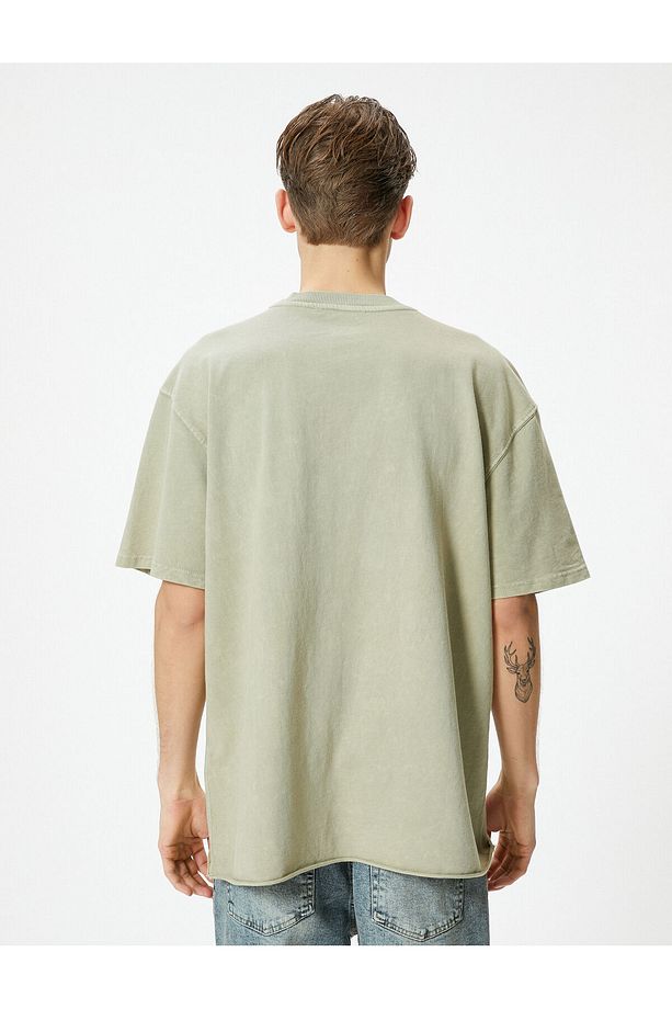 Oversize Tişört Yıkamalı Bisiklet Yaka Kısa Kollu - 4