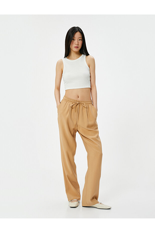 Wide Leg Trousers Viscous Fabric with Tie Waist Pockets