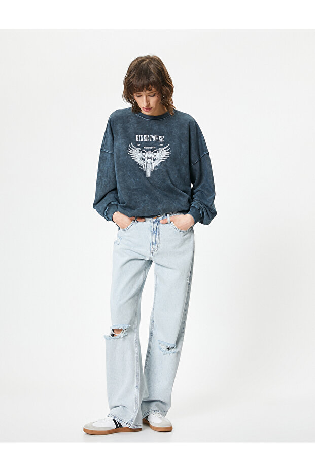 Three Yarn Printed Pale Effect Oversize Sweatshirt - Crew Neck